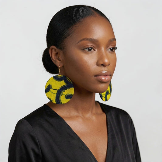 Yellow & Blue Ankara Statement Earrings – Handmade African Print Round Dangle Jewellery