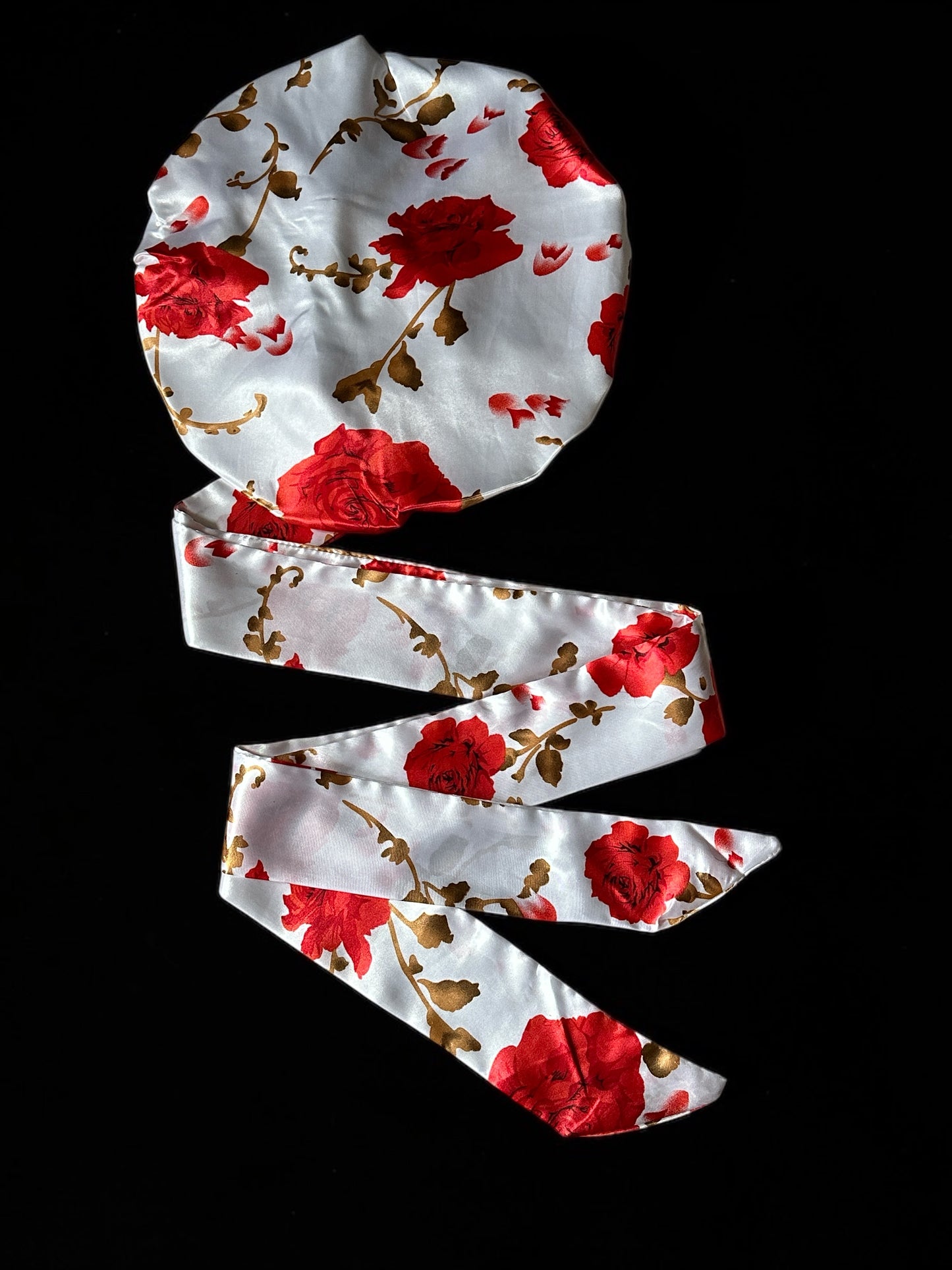 Red Rose Satin Silk Hair Bonnet with Long Ties – Luxury Sleep Cap & Headwrap - Fatisha Boutique #