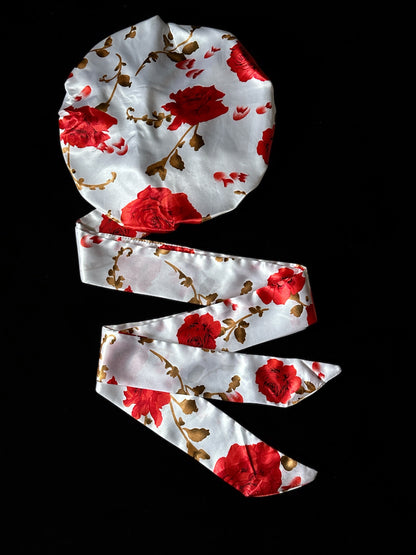 Red Rose Satin Silk Hair Bonnet with Long Ties – Luxury Sleep Cap & Headwrap - Fatisha Boutique #