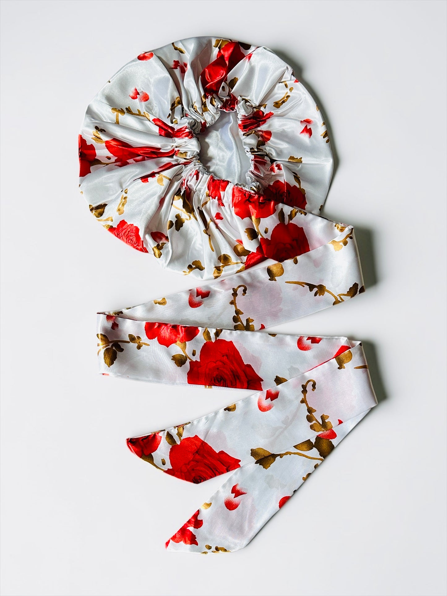 Red Rose Satin Silk Hair Bonnet with Long Ties – Luxury Sleep Cap & Headwrap - Fatisha Boutique #