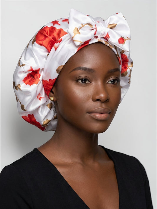 Red Rose Satin Silk Hair Bonnet with Long Ties – Luxury Sleep Cap & Headwrap - Fatisha Boutique #
