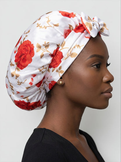 Red Rose Satin Silk Hair Bonnet with Long Ties – Luxury Sleep Cap & Headwrap - Fatisha Boutique #