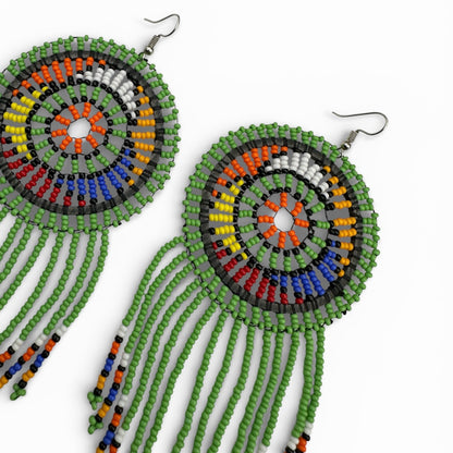 Green Maasai African Beaded Tassel Earrings – Handmade Tribal Statement Jewellery