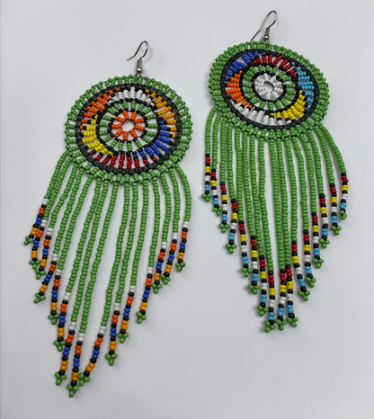 Green Maasai African Beaded Tassel Earrings – Handmade Tribal Statement Jewellery