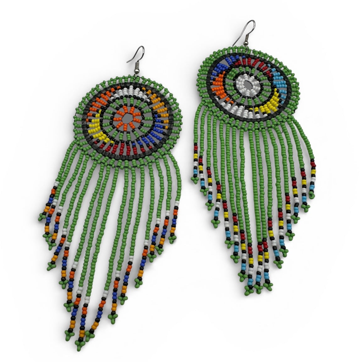Green Maasai African Beaded Tassel Earrings – Handmade Tribal Statement Jewellery