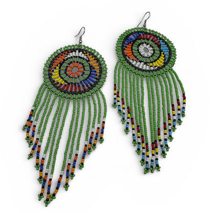 Green Maasai African Beaded Tassel Earrings – Handmade Tribal Statement Jewellery