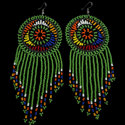 Green Maasai African Beaded Tassel Earrings – Handmade Tribal Statement Jewellery