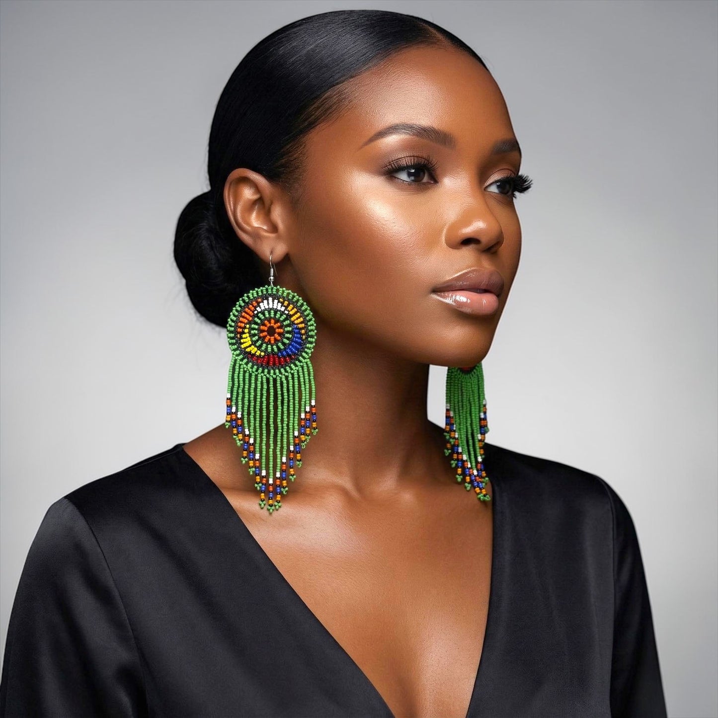 Green Maasai African Beaded Tassel Earrings – Handmade Tribal Statement Jewellery