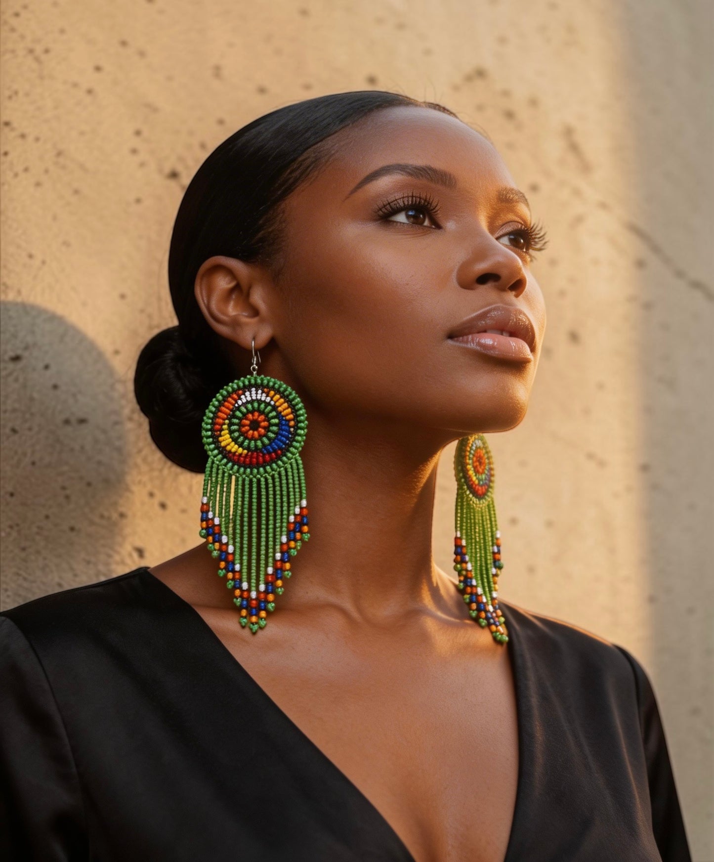 Green Maasai African Beaded Tassel Earrings – Handmade Tribal Statement Jewellery