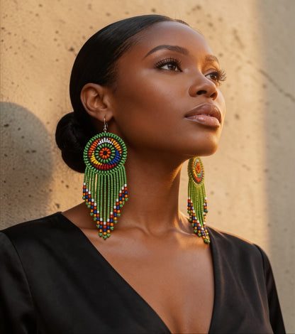 Maasai Beaded Statement Earrings – Handmade African Tassel Drop Earrings, Bold Ethnic Jewellery - Fatisha Boutique #