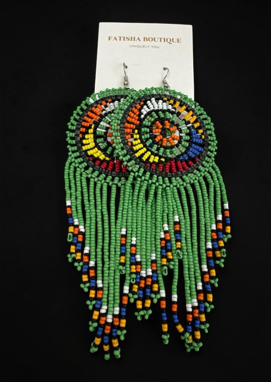 Green Maasai African Beaded Tassel Earrings – Handmade Tribal Statement Jewellery