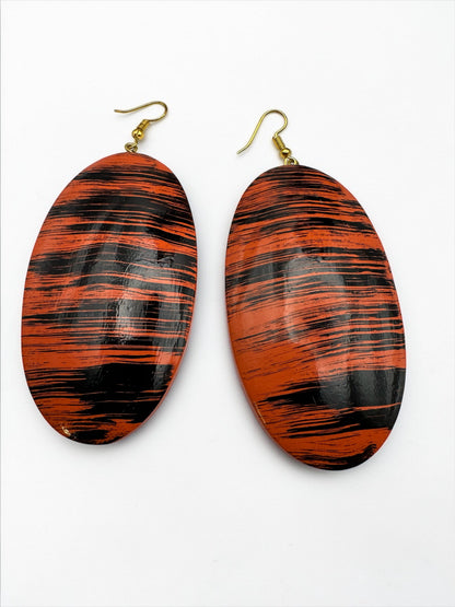 Red & Black Wooden Oval Dangle Earrings – Handmade Boho Statement Jewellery | Ethnic Wood Earrings - Fatisha Boutique #
