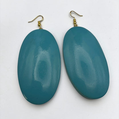 Blue Wooden Oval Dangle Earrings – Handmade Boho Statement Jewellery |Ethnic Earrings - Fatisha Boutique #