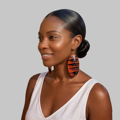 Red & Black Wooden Oval Dangle Earrings – Handmade Boho Statement Jewellery | Ethnic Wood Earrings - Fatisha Boutique #