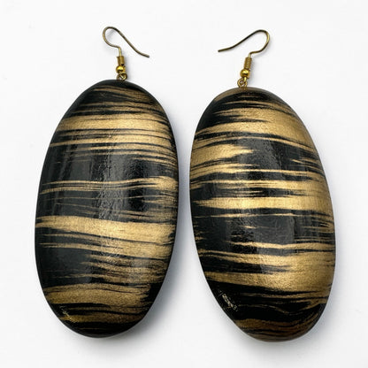 Black & Gold Wooden Oval Dangle Earrings – Handmade Boho Statement Jewellery | Ethnic Wooden Earrings - Fatisha Boutique #