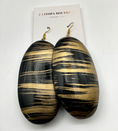 Black & Gold Wooden Oval Dangle Earrings – Handmade Boho Statement Jewellery | Ethnic Wooden Earrings - Fatisha Boutique #