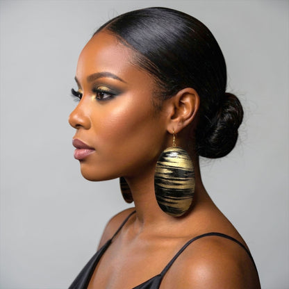 Black & Gold Wooden Oval Dangle Earrings – Handmade Boho Statement Jewellery | Ethnic Wooden Earrings - Fatisha Boutique #