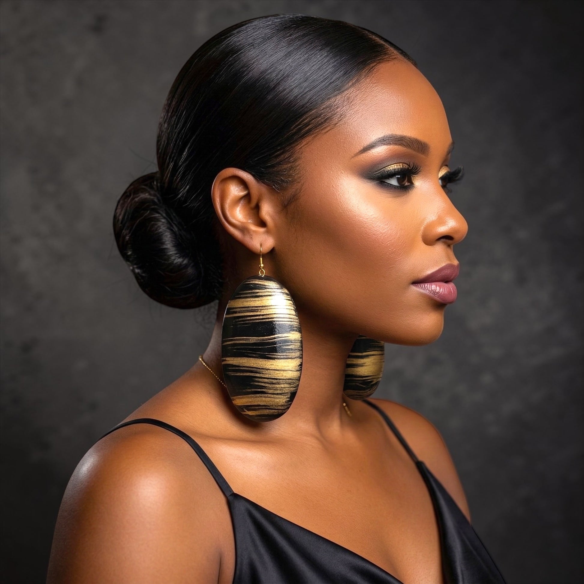 Black & Gold Wooden Oval Dangle Earrings – Handmade Boho Statement Jewellery | Ethnic Wooden Earrings - Fatisha Boutique #
