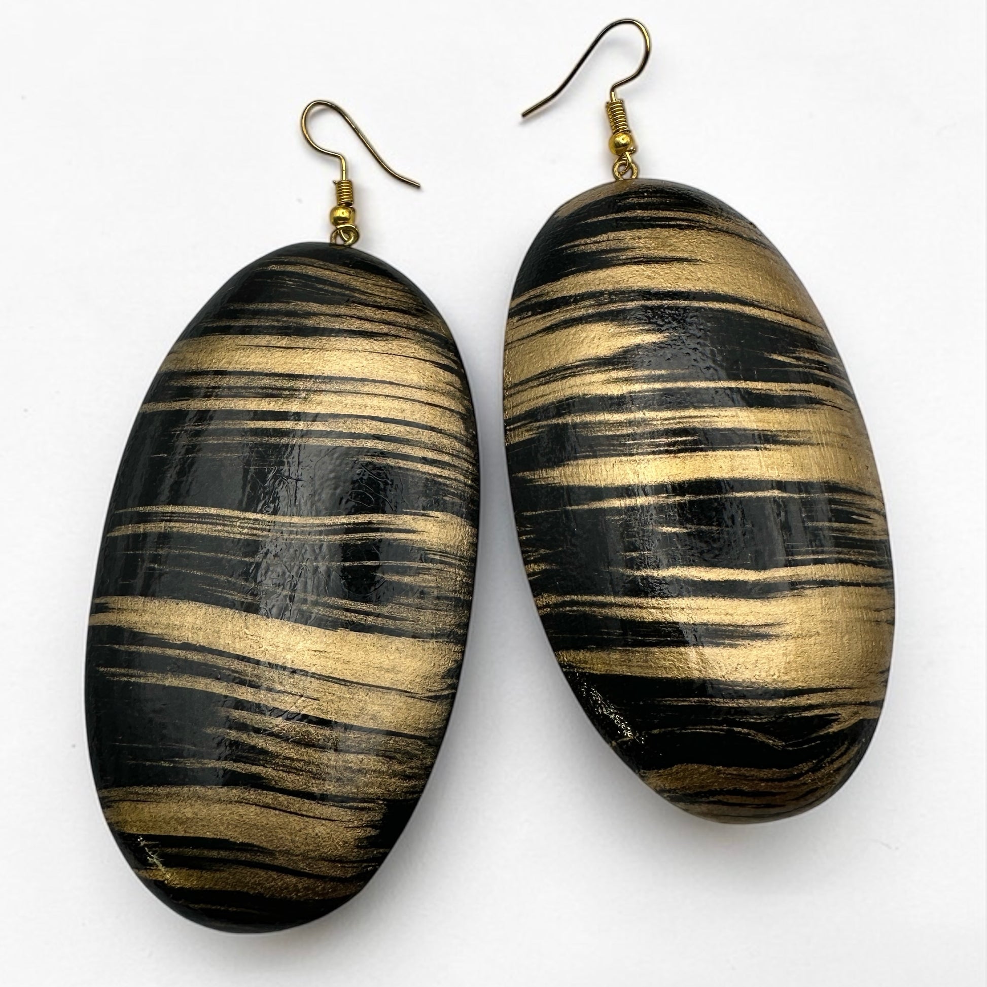 Black & Gold Wooden Oval Dangle Earrings – Handmade Boho Statement Jewellery | Ethnic Wooden Earrings - Fatisha Boutique #