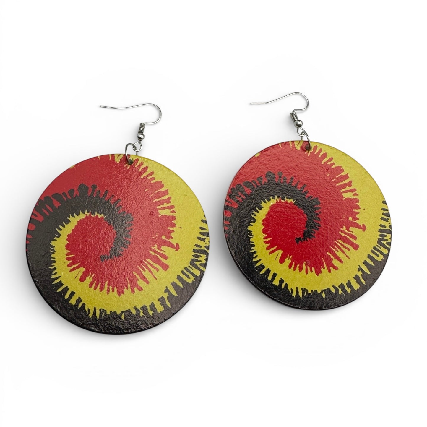 Rasta Spiral Wooden Earrings – Double-Sided Red, Green, Yellow Statement Jewellery - Fatisha Boutique #