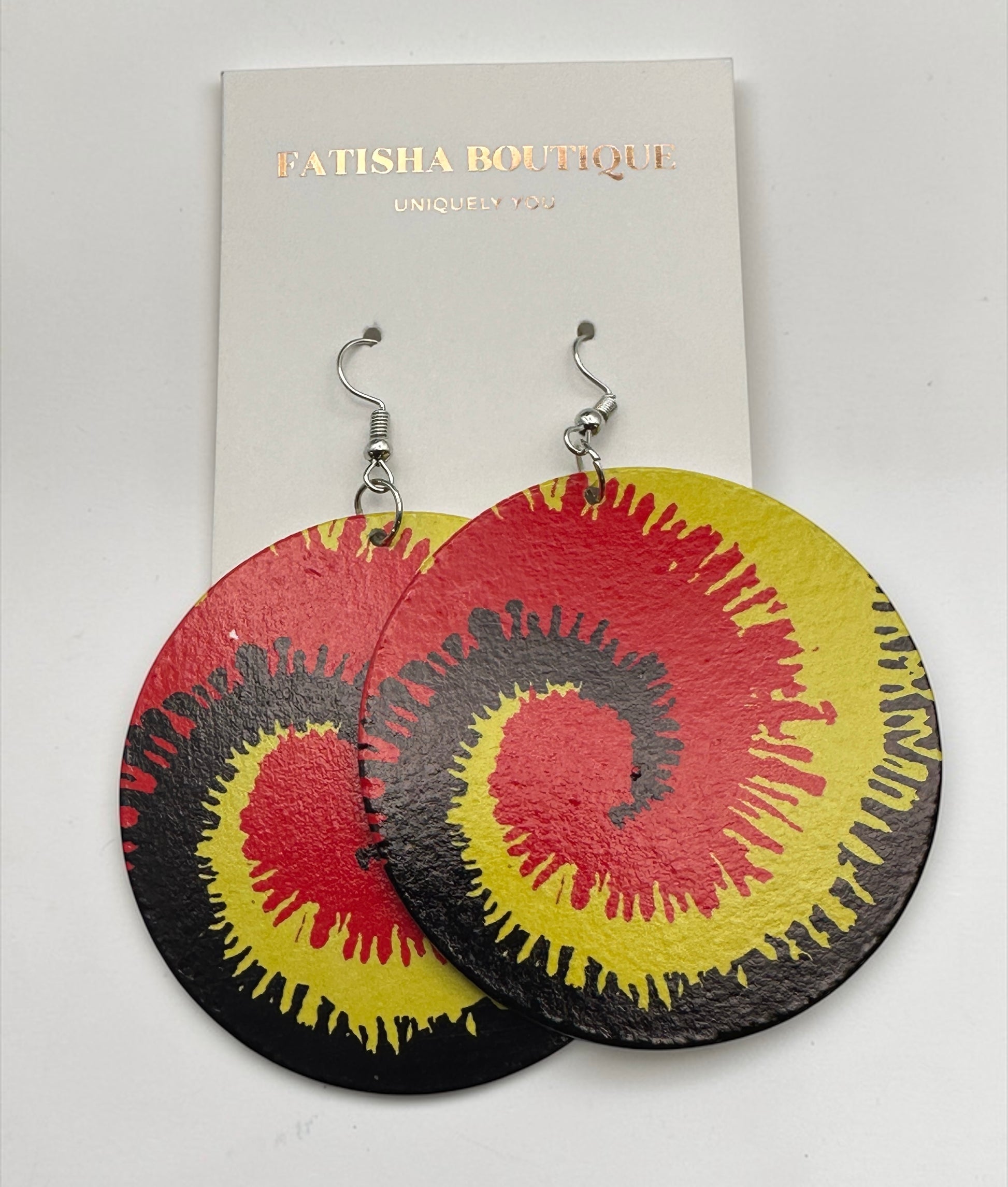 Rasta Spiral Wooden Earrings – Double-Sided Red, Green, Yellow Statement Jewellery - Fatisha Boutique #