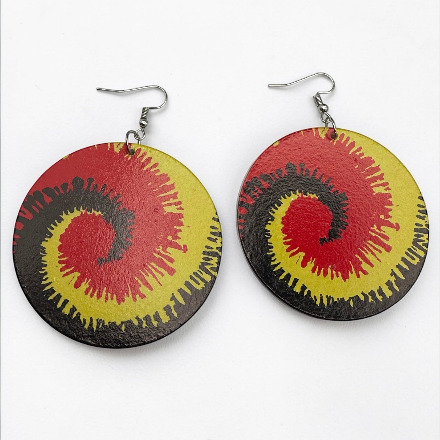 Rasta Spiral Wooden Earrings – Double-Sided Red, Green, Yellow Statement Jewellery - Fatisha Boutique #