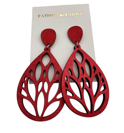 Lightweight Wooden Leaf Dangle Earrings – Handmade Boho Statement Earrings | Natural Wood Jewellery - Fatisha Boutique #