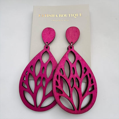 Lightweight Wooden Leaf Dangle Earrings – Handmade Boho Statement Earrings | Natural Wood Jewellery - Fatisha Boutique #