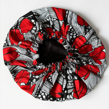 Red & Black Reversible Satin Silk Bonnet – African Print Sleep Cap for Natural Hair & Braids - Fatisha Boutique #