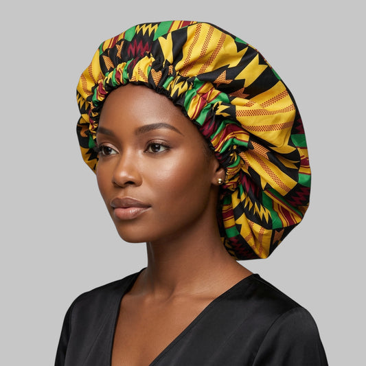 Double Layered Ankara Kente Satin Silk Bonnet – Reversible Sleep Cap for Natural Hair, Braids & Locs | Fatisha Boutique - Fatisha Boutique #