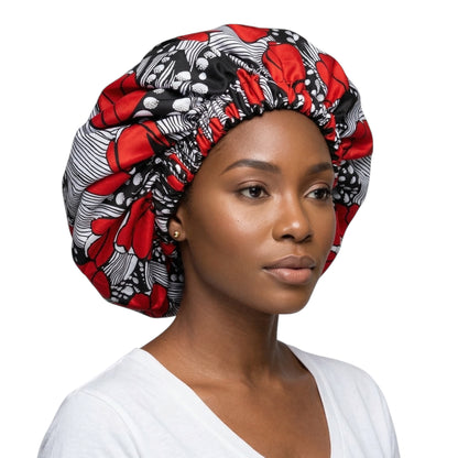 Red & Black Reversible Satin Silk Bonnet – African Print Sleep Cap for Natural Hair & Braids - Fatisha Boutique #