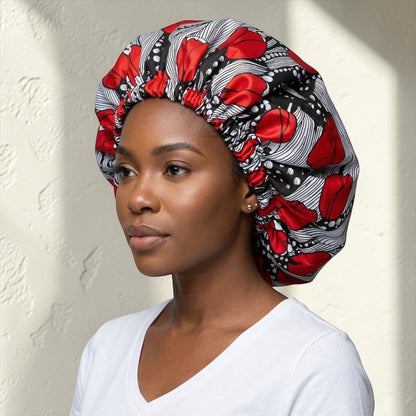 Red & Black Reversible Satin Silk Bonnet – African Print Sleep Cap for Natural Hair & Braids - Fatisha Boutique #