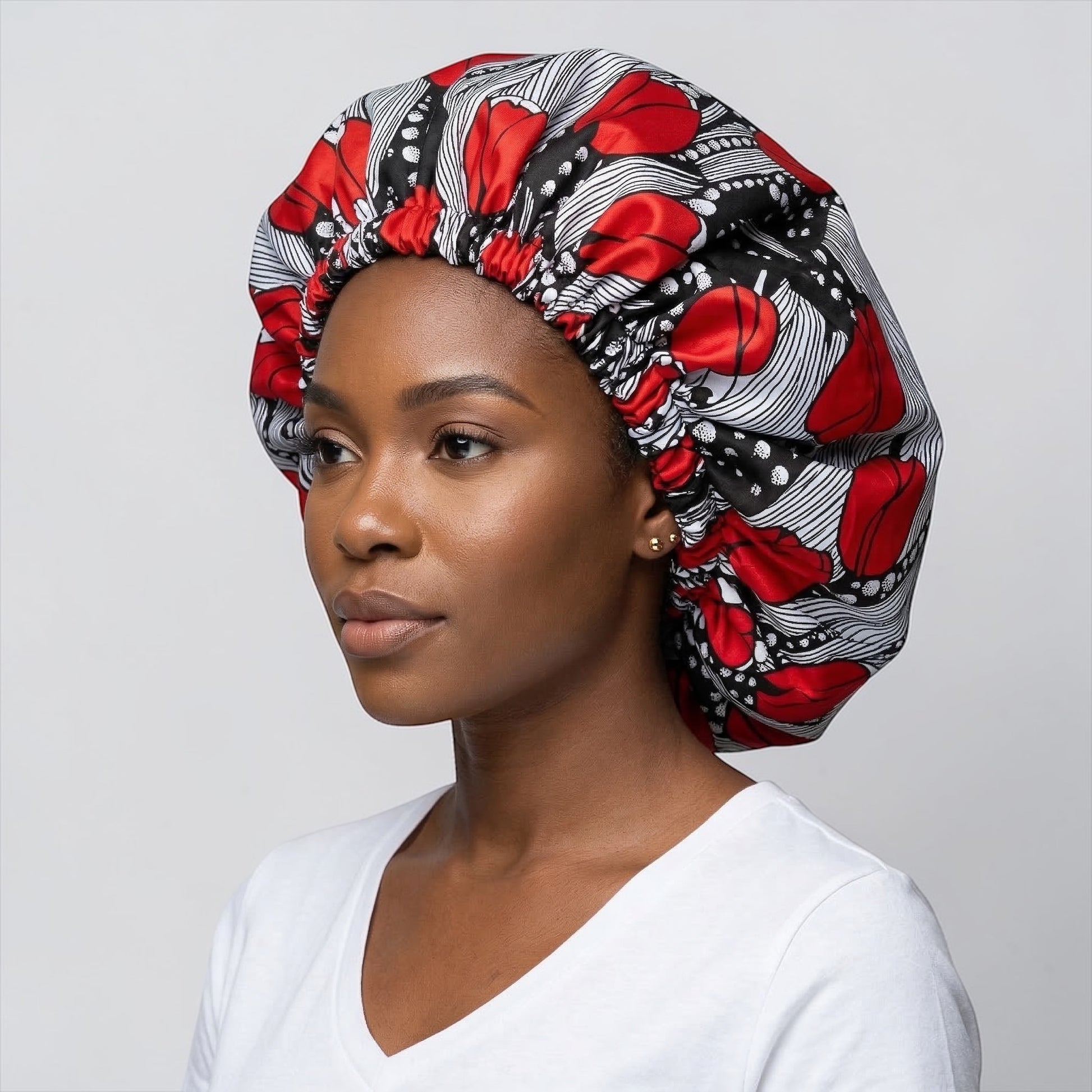 Red & Black Reversible Satin Silk Bonnet – African Print Sleep Cap for Natural Hair & Braids - Fatisha Boutique #