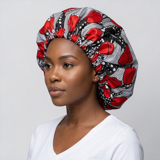 Red & Black Reversible Satin Silk Bonnet – African Print Sleep Cap for Natural Hair & Braids - Fatisha Boutique #