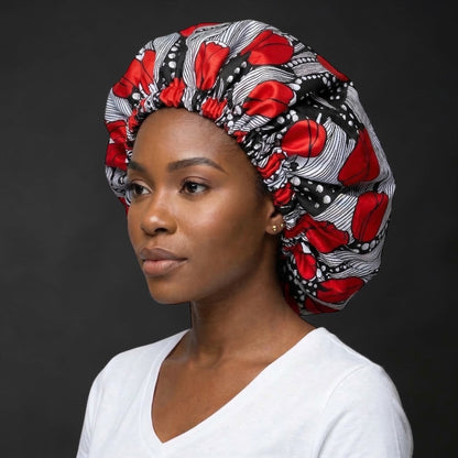 Red & Black Reversible Satin Silk Bonnet – African Print Sleep Cap for Natural Hair & Braids - Fatisha Boutique #