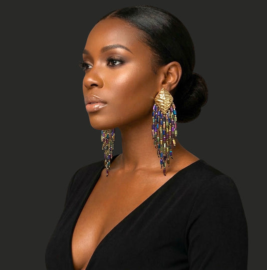 Multicolour Crystal Tassel Statement Earrings – Gold Leaf Beaded Fringe Drop Earrings - Fatisha Boutique #