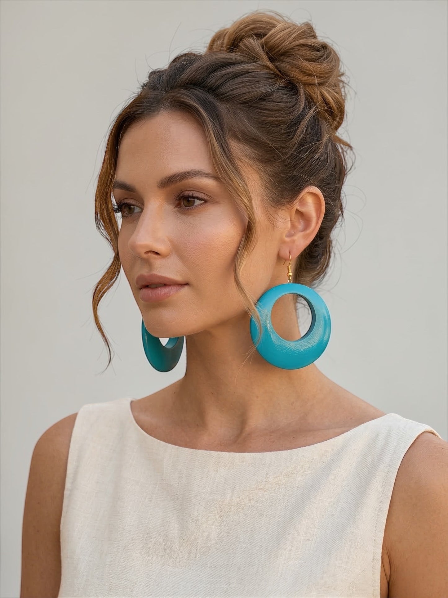 Blue Wooden Statement Hoop Earrings – Lightweight Round Boho Drop Earrings - Fatisha Boutique #