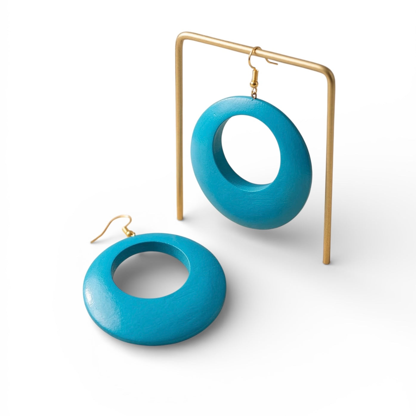 Blue Wooden Statement Hoop Earrings – Lightweight Round Boho Drop Earrings - Fatisha Boutique #