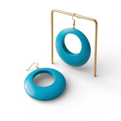 Blue Wooden Statement Hoop Earrings – Lightweight Round Boho Drop Earrings - Fatisha Boutique #