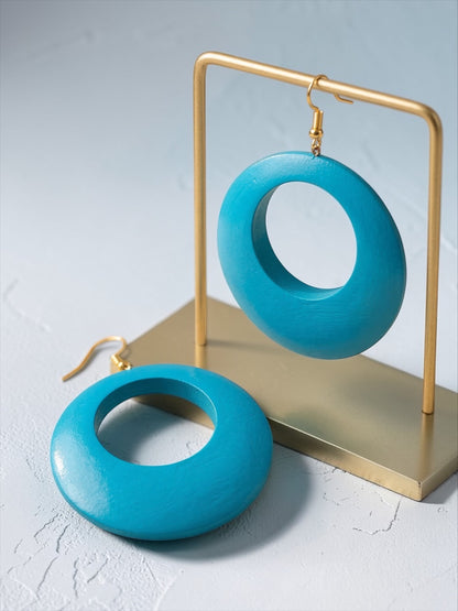 Blue Wooden Statement Hoop Earrings – Lightweight Round Boho Drop Earrings - Fatisha Boutique #