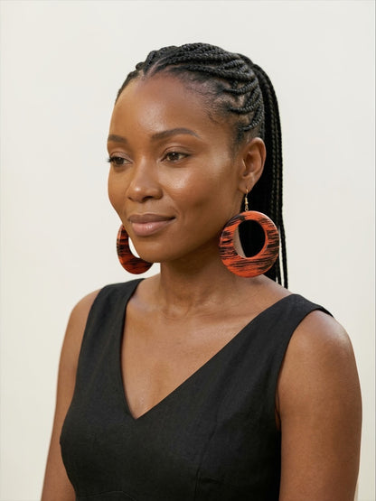 Handmade Ethnic Wooden Statement Hoop Earrings – Red Black Lightweight Drop Earrings - Fatisha Boutique #