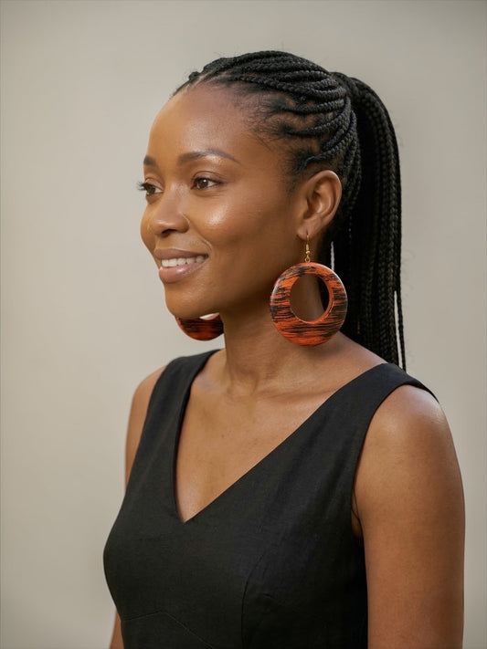 Handmade Ethnic Wooden Statement Hoop Earrings – Red Black Lightweight Drop Earrings - Fatisha Boutique #
