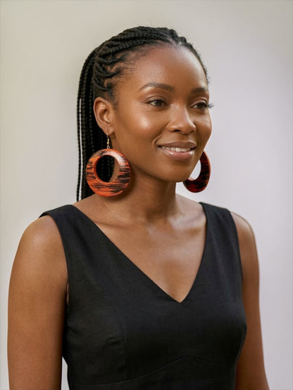 Handmade Ethnic Wooden Statement Hoop Earrings – Red Black Lightweight Drop Earrings - Fatisha Boutique #