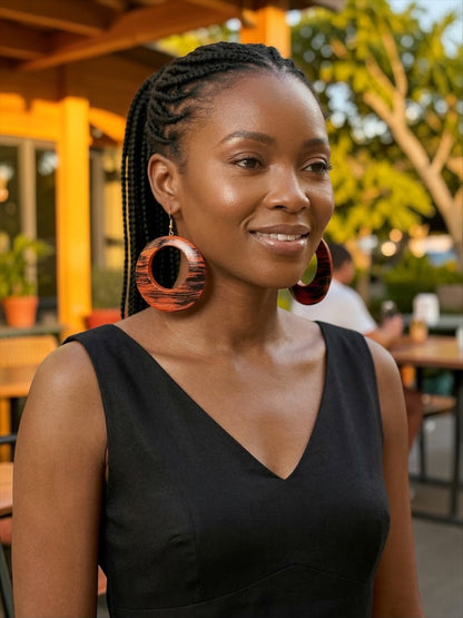 Handmade Ethnic Wooden Statement Hoop Earrings – Red Black Lightweight Drop Earrings - Fatisha Boutique #
