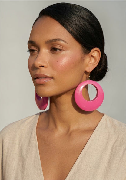 Handmade Ethnic Pink Wooden Statement Hoop Earrings – Lightweight Drop Earrings - Fatisha Boutique #