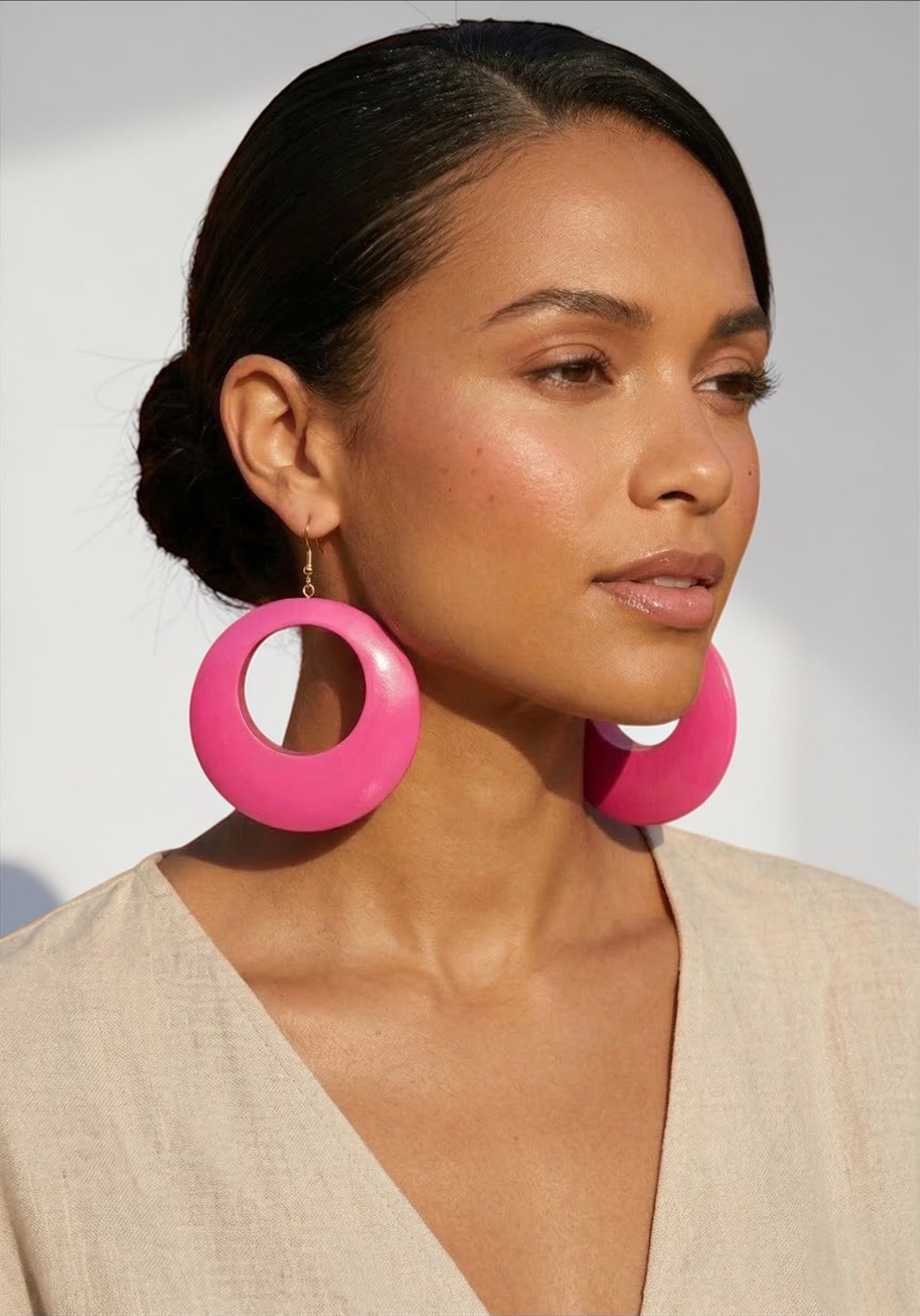 Handmade Ethnic Pink Wooden Statement Hoop Earrings – Lightweight Drop Earrings - Fatisha Boutique #