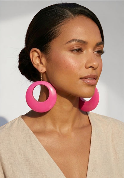 Handmade Ethnic Pink Wooden Statement Hoop Earrings – Lightweight Drop Earrings - Fatisha Boutique #