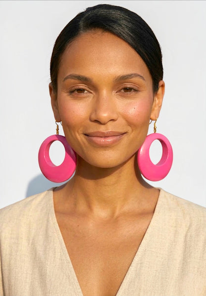 Handmade Ethnic Pink Wooden Statement Hoop Earrings – Lightweight Drop Earrings - Fatisha Boutique #