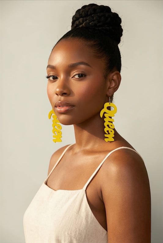 Bold Yellow "Queen" Wooden Earrings – Handcrafted Afrocentric Statement Jewellery - Fatisha Boutique #