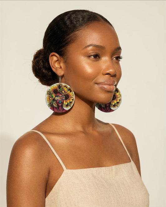 Afro Woman “Dope” Sunflower Wooden Statement Earrings – African Ethnic Jewellery - Fatisha Boutique #
